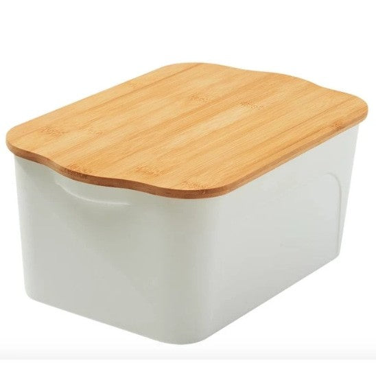 White Plastic Storage Bin with Bamboo Lid TheClearHome
