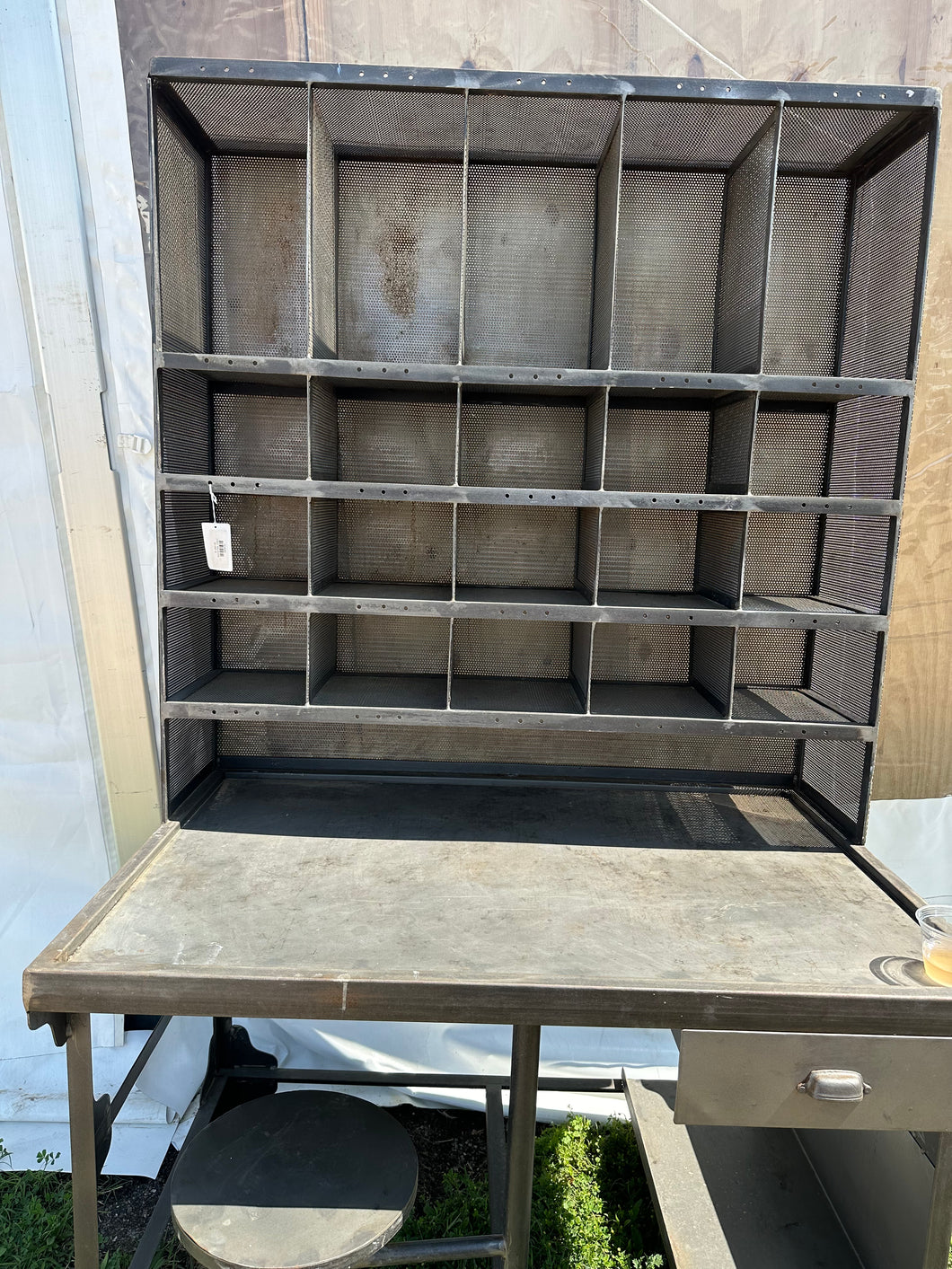Stainless Desk with Top Cubbies and Attached Seat