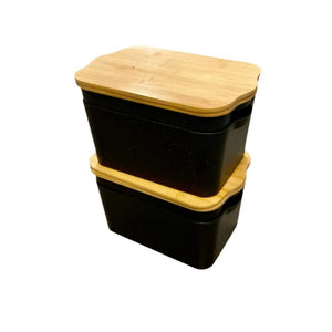 Set of 2 Black Plastic Container w/ Wood Lid
